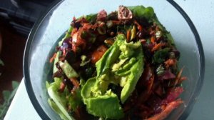 Another delicious salad with carrots, beets, beet greens, avocado